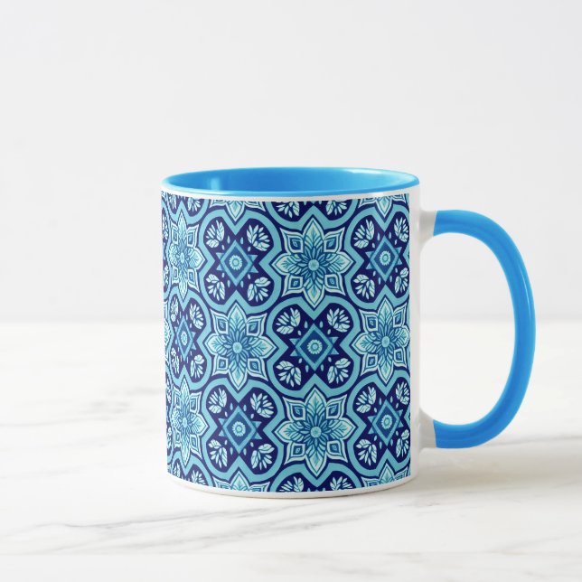 Vintage Blue Geometric Blommönster Mugg (Höger)