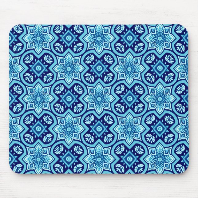 Vintage Blue Geometric Blommönster Musmatta (Framsidan)