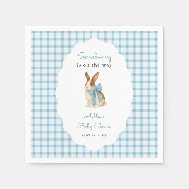 Vintage Blue Gingham Bunny Boy Baby Shower Pappersservett (Framsidan)