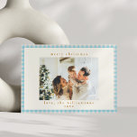 Vintage Blue Gingham Play Anpassningsbar Photo jul Julkort<br><div class="desc">Vintage Light Blue Gingham Play Anpassningsbar Foto-julkort Helgdag</div>