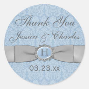 Vintage Blue, Grått Damask Wedding Favor Sticker Runt Klistermärke