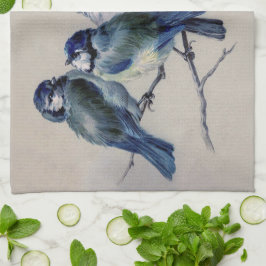 Vintage Blue Grått Watercolor Birds Kökshandduk