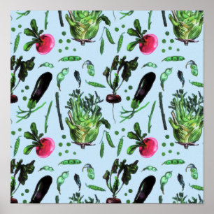 Vintage Blue Grönt Vegetable Garden Watercolor Poster