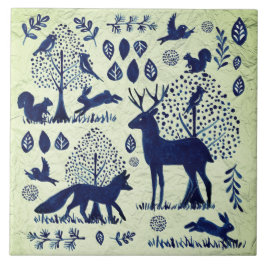 Vintage Blue & Grönt Woodland Animal Fox Rabbit Kakelplatta