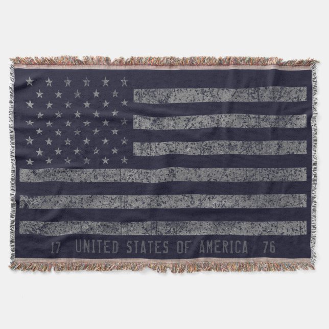Vintage Blue Grunge American Flagga Distress Text Filt (Framsidan)