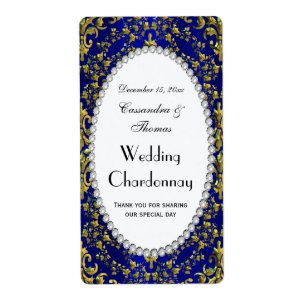 Vintage Blue Guld Damask Pearl V Vin Flaska Fraktsedel