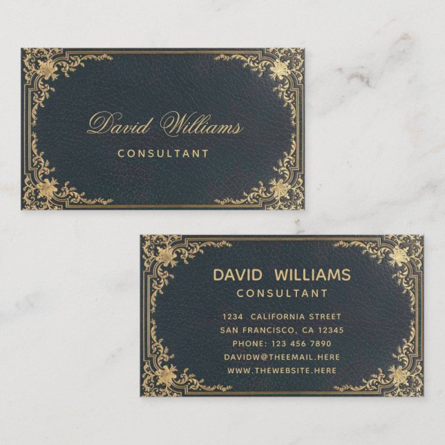 Vintage Blue Guld Elegant Ram Calligraphy Visitkort (Fram/baksida)