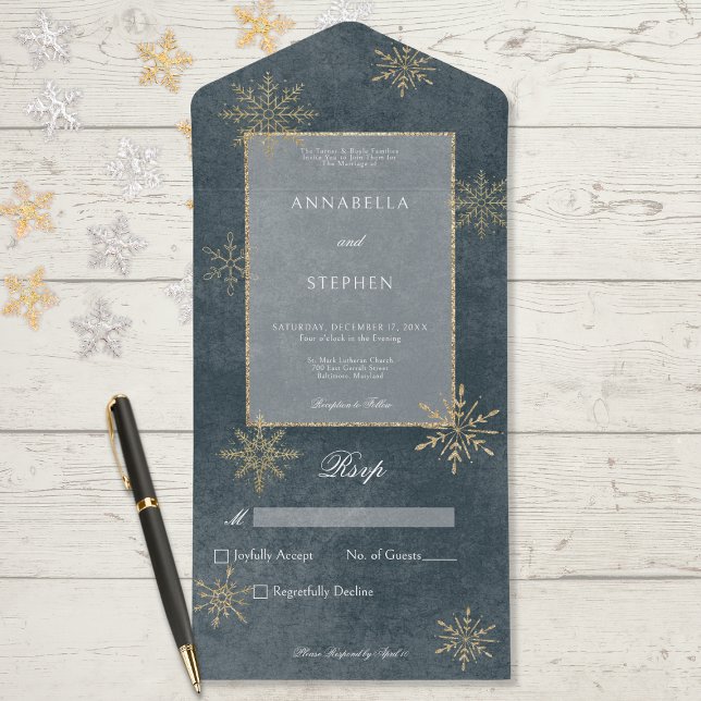 Vintage Blue & Guld Glitter Snöflingor - ingen mid (Also available with a QR code or with dinner selection options.)