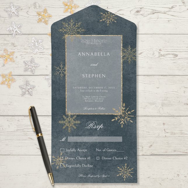 Vintage Blue & Guld Glitter Snöflingor Middag (Also available with a QR code or without dinner selection options.)