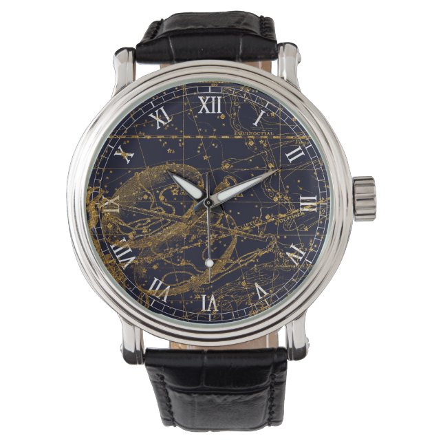 Vintage Blue Guld Libra Zodiac Constellation Armbandsur (Framsida)