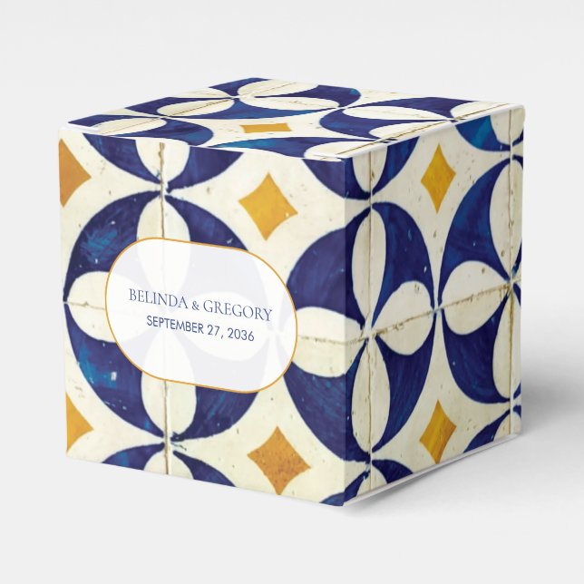 Vintage Blue & Gult Portugisiska Mönster Bröllop Presentaskar (Framsidan Sidan)