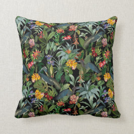 Vintage Blue Heron Tropical Jungle Mönster black Kudde