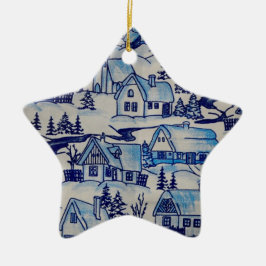 Vintage Blue jul Helgdag Village Julgransprydnad Keramik