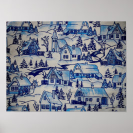 Vintage Blue jul Helgdag Village Poster