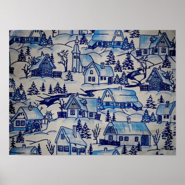 Vintage Blue jul Helgdag Village Poster (Framsidan)