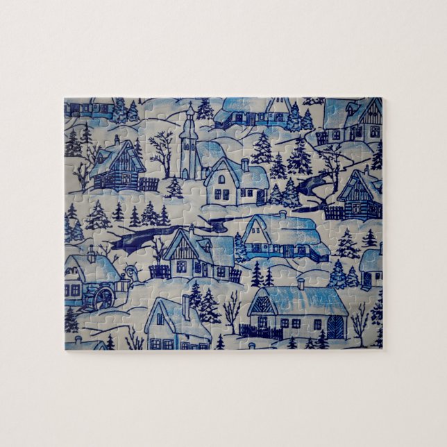 Vintage Blue jul Helgdag Village Pussel (Horisontell)
