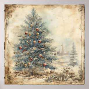 Vintage Blue Julgran Poster