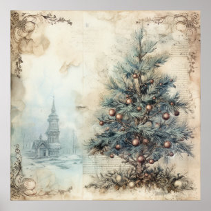 Vintage Blue Julgran Poster