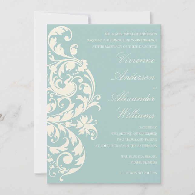 VINTAGE BLUE & KREAM FLOURISH| VEDSÄTTNING INBJUDNINGAR (Framsida)