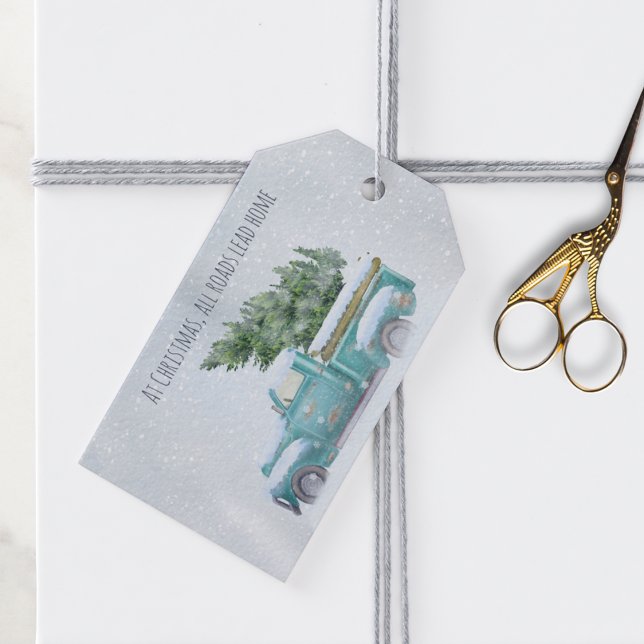 Vintage Blue Lastbil med Julgran Presentetikett (Skapare uppladdad)