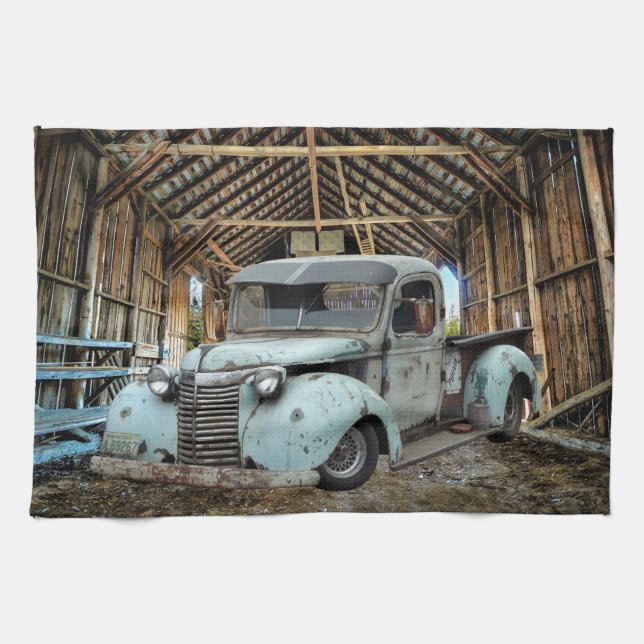 Vintage Blue Lastbil Rustic Barn Kökshandduk (Horisontell)