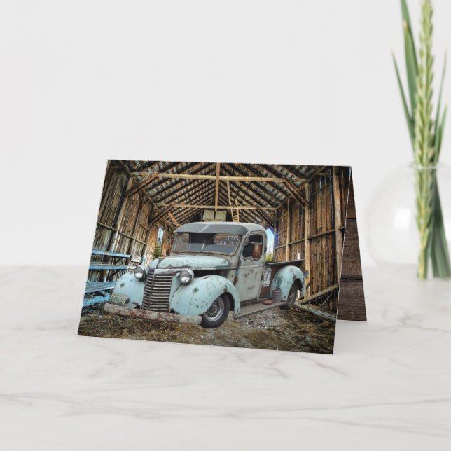 Vintage Blue Lastbil Rustic Barn Kort (Framsida)