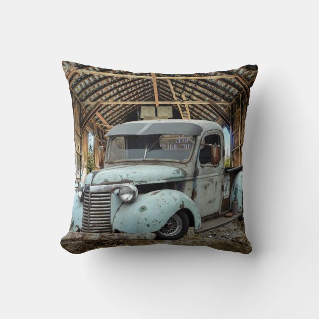 Vintage Blue Lastbil Rustic Barn Kudde (Framsida)