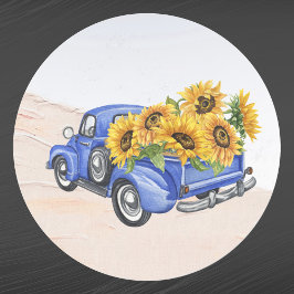 Vintage Blue Lastbil Sunblommor Runt Klistermärke