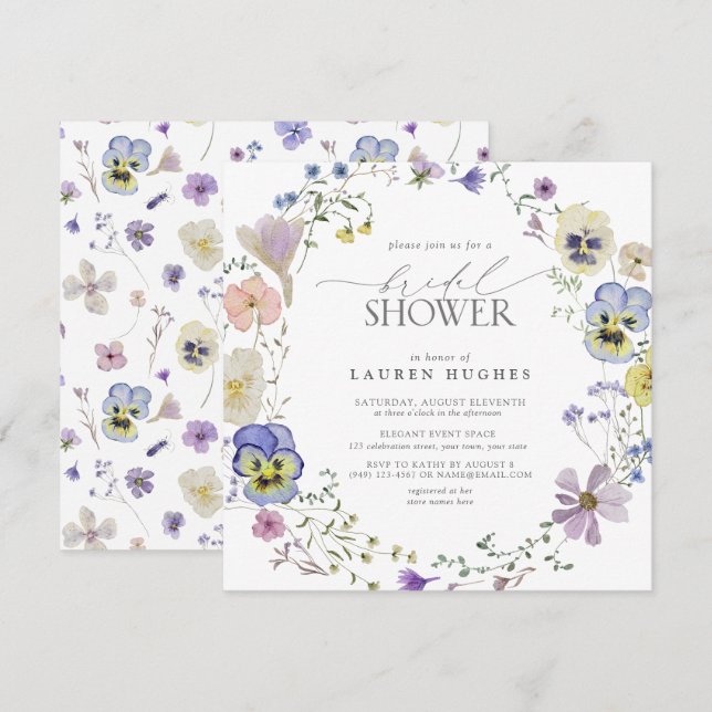 Vintage Blue Lavender Pressed Wildblomma Shower Inbjudningar (Fram/baksida)