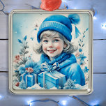 Vintage Blue Little Girl Personlig Julgransprydnad Metall<br><div class="desc">Den söt lilla vintage tjejen på vintern som håller en blå presentlåda,  återfår den nostalgiska julprydnaden för dem som gillar en gammaldags jul.</div>