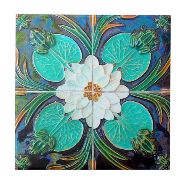 Vintage Blue Lotus Frog portugisiska Kakelplatta (Framsidan)