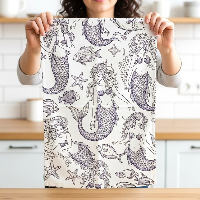 Vintage Blue Mermaid & Sea Life Pattern Kökshandduk (Skapare uppladdad)