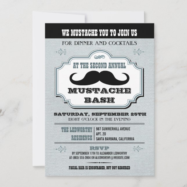 Vintage Blue Mustache Bash Inbjudningar (Framsida)