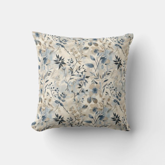 Vintage Blue Neutral Floral Throw Pillow Kudde (Framsida)
