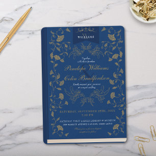 Vintage Blue och Guld Blommigt Bok Cover Bröllop Inbjudningar