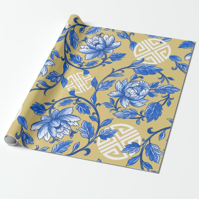 Vintage Blue och Guld Blommigt Chinoiserie Presentpapper (Utrullad)