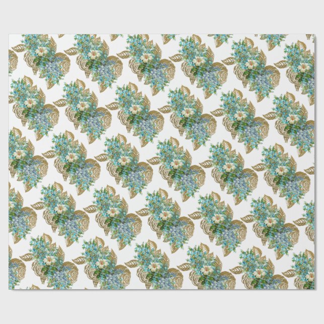 Vintage Blue och Guld Blommigt Presentpapper (Platt)