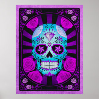 Vintage Blue och Lila Sugar Skull med Ro Poster