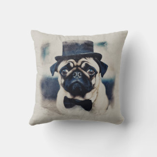 Vintage BLue och Red Tuxedo Pugs Porträtt Pillow Kudde