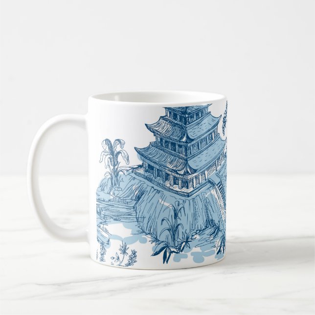 Vintage Blue och White Pagoda Chinoiserie Kaffemugg (Vänster)