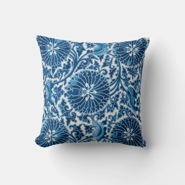 Vintage Blue Ornamental Blommönster Kudde (Framsida)