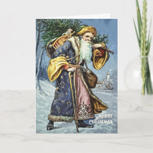 Vintage Blue Pappa jul Träd och Leksak Kort