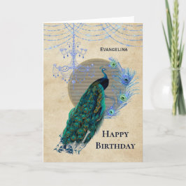 Vintage Blue Peacock Feathers Chandelier Birthday Kort