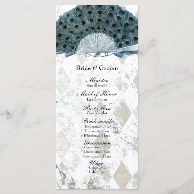 Vintage Blue Peacock Fläkt Bröllopsprogram Program (Framsida)
