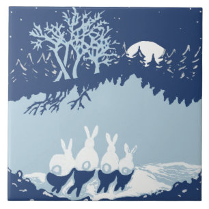 Vintage Blue Rabbits w/ Måne, Starry Night Forest Kakelplatta