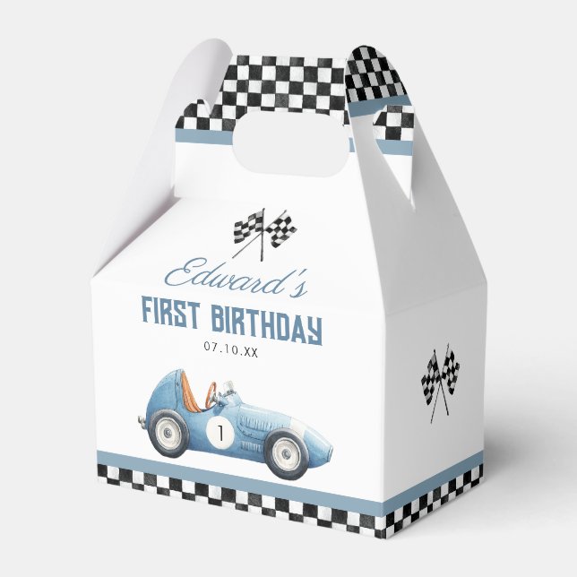 Vintage Blue Race Car 1st Birthday Presentaskar (Framsidan Sidan)