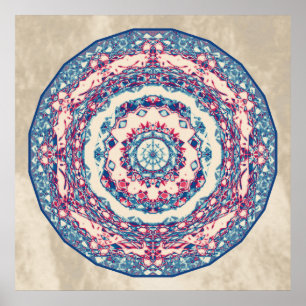 Vintage Blue Red Abstrakt Mandala Art Design Poster