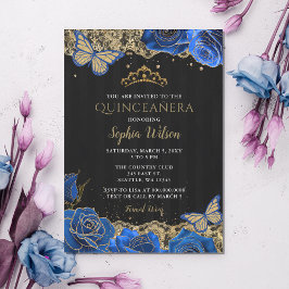 Vintage Blue Ro Black Guld Snöre Quinceañera Inbjudningar