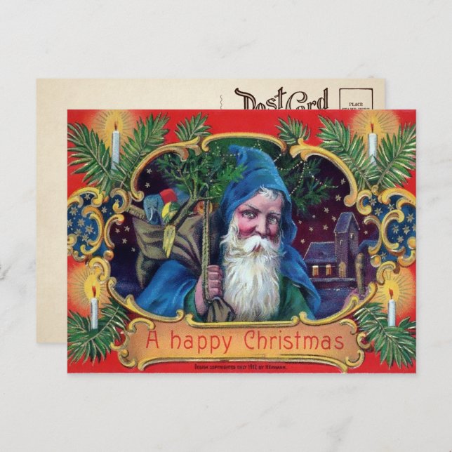 Vintage Blue Robed Santa Postcard Vykort (Fram/baksida)