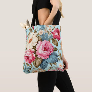 Vintage Blue Rosa Blommigt Garden Tygkasse